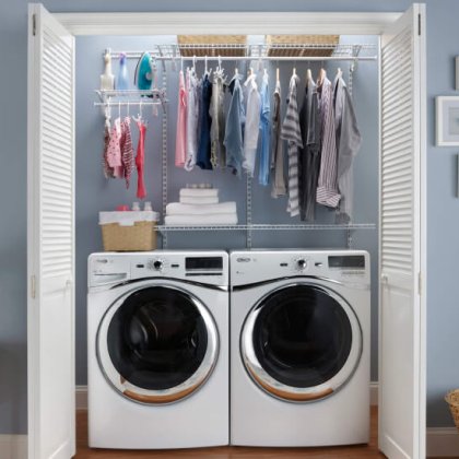 Wire shelving hung above the washer and dryer gives you multiple storage options.